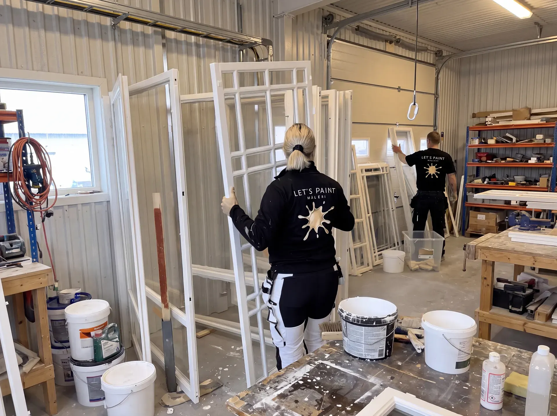 Två målare i "Let's Paint"-kläder hanterar vita fönsterkarmar i verkstad.