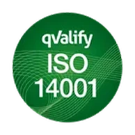 Grön cirkulär märkning med texten "qValify ISO 14001"