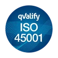 Blå cirkulär certifieringsbadge med texten "qValify ISO 45001"
