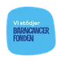 Blå rund logotyp med texten "Vi stödjer Barncancerfonden".