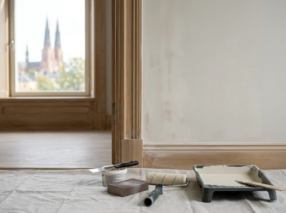 Målarverktyg på skyddsduk i rum under renovering, utsikt mot katedral.