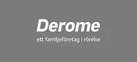 Derome-logotyp med texten "ett familjeföretag i rörelse" på grå bakgrund.